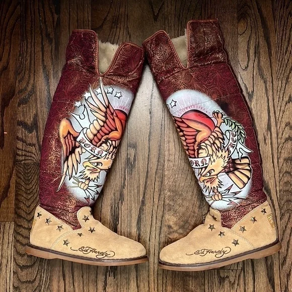 Ed Hardy Born Free Winter Boots Women's Size 5 American Eagle Fur Lined